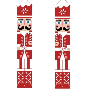Detailed close-up of festive Christmas nutcracker soldier porch banners with hanging ropes