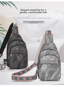 Detail showing high capacity compartments and jacquard straps of two washed chest bags