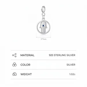 S925 sterling silver Hamsa hand pendant featuring a blue zircon center on white background