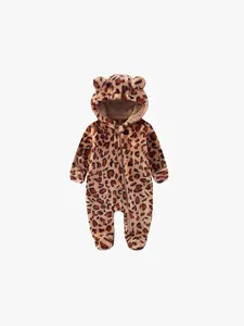 Baby Romper Jumpsuit Plush Fleece Hooded Ear Zipper Long Sleeve Leopard Print Winter Warm Newborn Infants