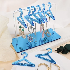 Blue acrylic mini hanger earring stand with mirror base for jewelry storage display