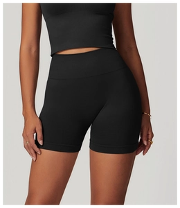 Détails du short de fitness sans couture à taille haute en tissu côtelé noir sport