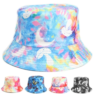 Tie Dye Reversible Bucket Hat Butterfly Mushroom Moon Print Cotton Polyester Sun Protection Fisherman Cap Unisex