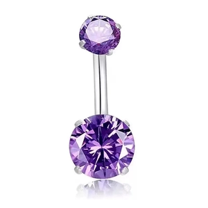Macro shot of silver titanium belly ring with two prong-set round purple cubic zirconia