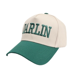 Beige and dark green cotton baseball cap with 3D DARLIN embroidery in 45-degree view
