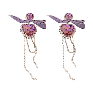 Elegant purple heart crystal earrings with bow tie and long silver rhinestone tassels