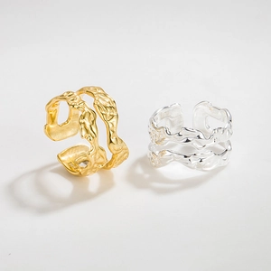 Minimalist S925 sterling silver layered rings with irregular lava texture in gold and silver