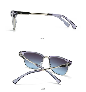 Detailed side and back view of gradient purple semi-rimless sunglasses with metal temples