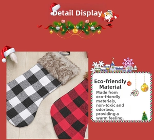 Detail of Christmas stocking featuring red and black plaid pattern and faux fur cuff