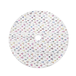 White circular Christmas tree skirt featuring colorful stylized tree patterns and fabric texture