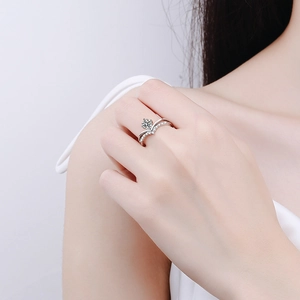 Elegant S925 sterling silver V-shaped ring with moissanite center stone on model hand