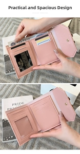 Detail view of the pink faux leather trifold wallet with multiple card slots and cash pocket