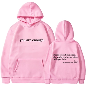 Pink fleece hoodie with kangaroo pocket featuring inspirational text on front and back views