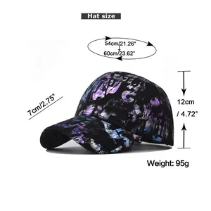 Detailed size chart for the tie-dye baseball cap showing adjustable strap and brim dimensions