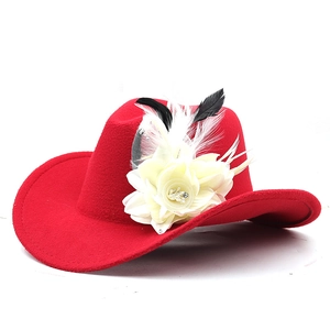 Classic red wool felt western cowboy hat with cream flower and feather decoration