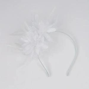 Detailed view of white bridal fascinator with elegant feathers and beaded accents