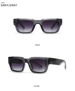 Front and 45-degree side views of retro square gray sunglasses with gradient lenses