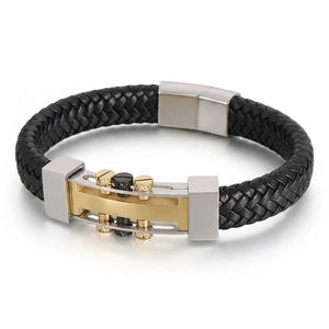 Punk Woven Leather Bracelet Stainless Steel Metal Rivet Magnetic Clasp Men Jewelry Fashion Wristband Accessories