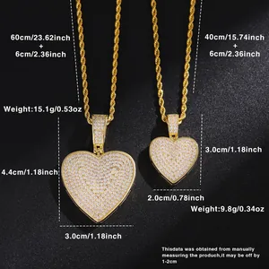 Detailed size chart for hip hop iced out heart pendant necklaces in two specific sizes