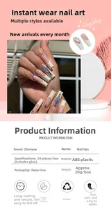 Long ballet press on nails with French tips and blue crystal rhinestone accents