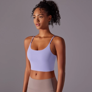 Close-up of lavender high-impact sports bra showing soft nylon texture and slim straps
