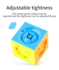 Detail view of the adjustable tightness screw mechanism inside the colorful puzzle cube