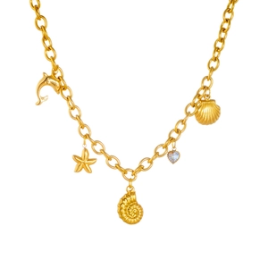 Gold plated stainless steel chunky chain necklace with seashell and dolphin charms