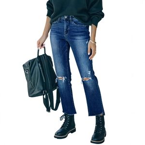 Blauwe slim fit jeans met hoge taille voor dames met scheuren en distressed details