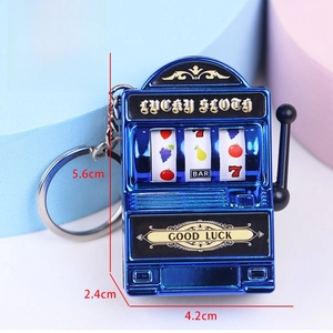Mini blue Lucky Slot machine keychain with 5.6cm height dimensions and crank handle