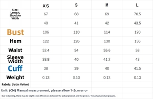 Detailed size chart for pleated satin shirt showing measurements from XS to L