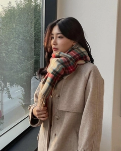 Detailed view of red plaid scarf with tassel edges paired with a beige wool coat