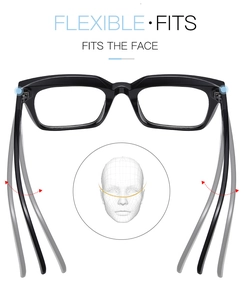 Detail showing the flexible hinge of square glasses frames for a comfortable facial fit