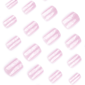 Short square light pink press on nails with sparkling glitter finish on white background