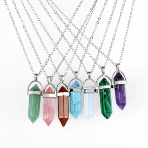 Agate hexagonal prism pendant necklace featuring various natural crystal stones in multiple colors