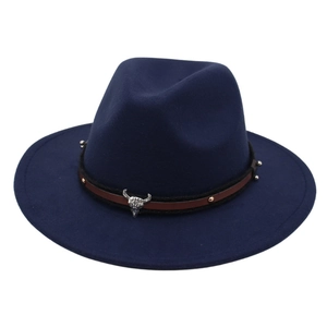 Navy blue wool fedora hat with a brown leather belt and silver bull head metal buckle