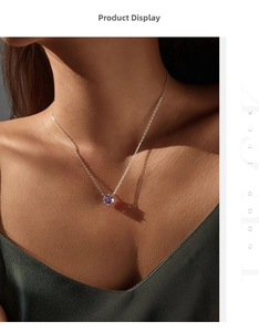 Close-up of S925 sterling silver lavender gemstone necklace worn by a model in warm light