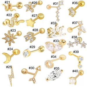 Set of 20 925 silver gold piercing studs with zircon stones in star and moon shapes
