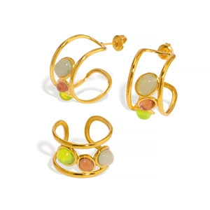 Three-piece gold stainless steel jewelry set with natural stones in C-shape design