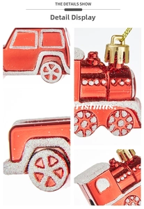 Detailed close-up of red Christmas train ornament with sparkling white glitter details
