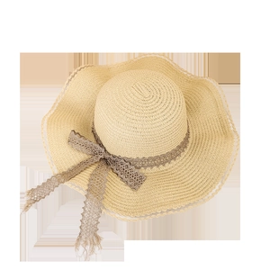 Summer wide brim straw sun hat with elegant white lace wavy edges and bow ribbon