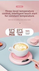 Pink smart mug warmer with digital display and three temperature settings for coffee and milk