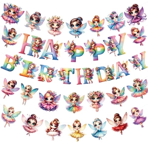 Fairy Theme Happy Birthday Banner Rainbow Paper Garland For Girls Birthday Party Decoration