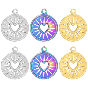 Stainless Steel 18K Gold Plated Heart Sunburst Radiant Pendant Necklace For Women Round Hollow Retro Jewelry