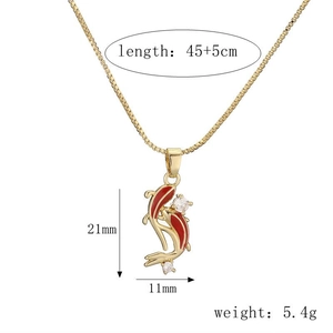 Detail of golden koi fish pendant with red enamel, clear stones and dimensions shown