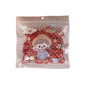 Bulk pack of high-elasticity red mini hair ties in a cute flower pattern packaging bag