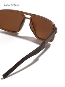 Detailed macro view of the hinges and bridge on matte brown TR90 polarized sunglasses