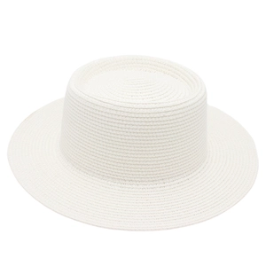 Detailed view of the fine weave pattern on a minimalist white straw boater hat crown