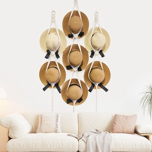 Macrame Hat Organizer Hand Woven Cotton Rope Wall Hanging Storage Rack Bohemian Style Home Decor Display With Wood Ring