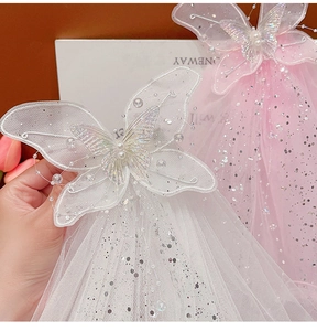 Detail of layered mesh butterfly hair clip with exquisite beads and pink embroidery