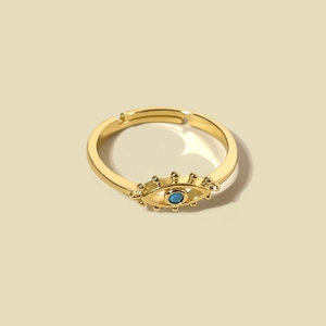18k gold plated evil eye open ring featuring blue stone and zircon accents